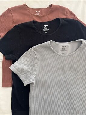 Abound Women’s Short-Sleeve Ribbed Tees — Black, Light Gray, Dusty Rose